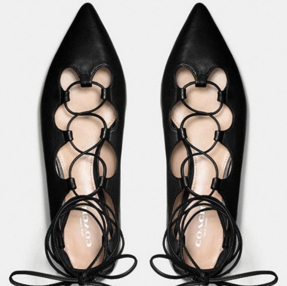 🎉 SALE NWOB Coach Lace up Justine Pointed Flats - Picture 4 of 8
